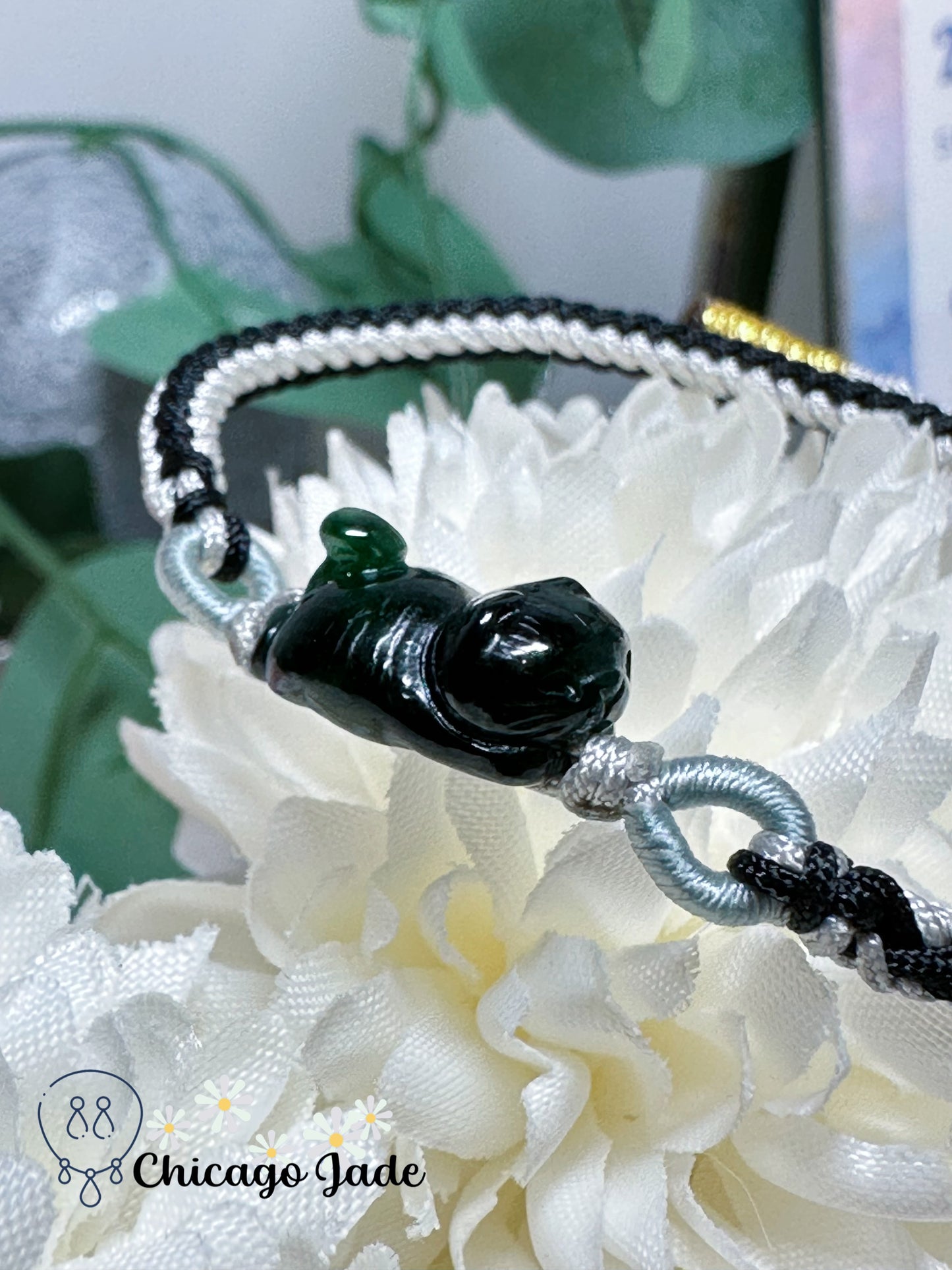 Dainty Black Cat Carved Jadeite Jade Feicui Stone Adjustable Rope Bracelet Gift Ready Authentic Certified Grade A Burma