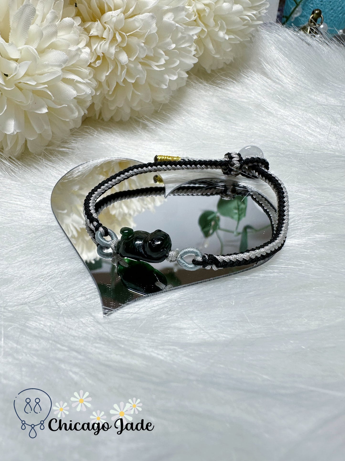 Dainty Black Cat Carved Jadeite Jade Feicui Stone Adjustable Rope Bracelet Gift Ready Authentic Certified Grade A Burma