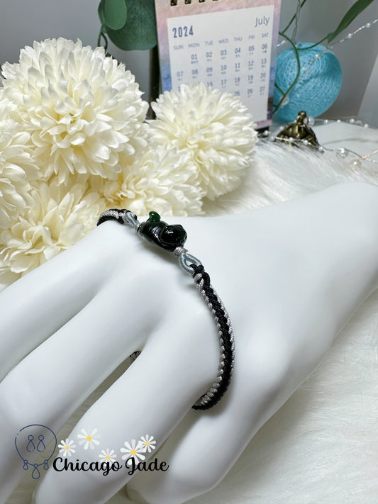 Dainty Black Cat Carved Jadeite Jade Feicui Stone Adjustable Rope Bracelet Gift Ready Authentic Certified Grade A Burma