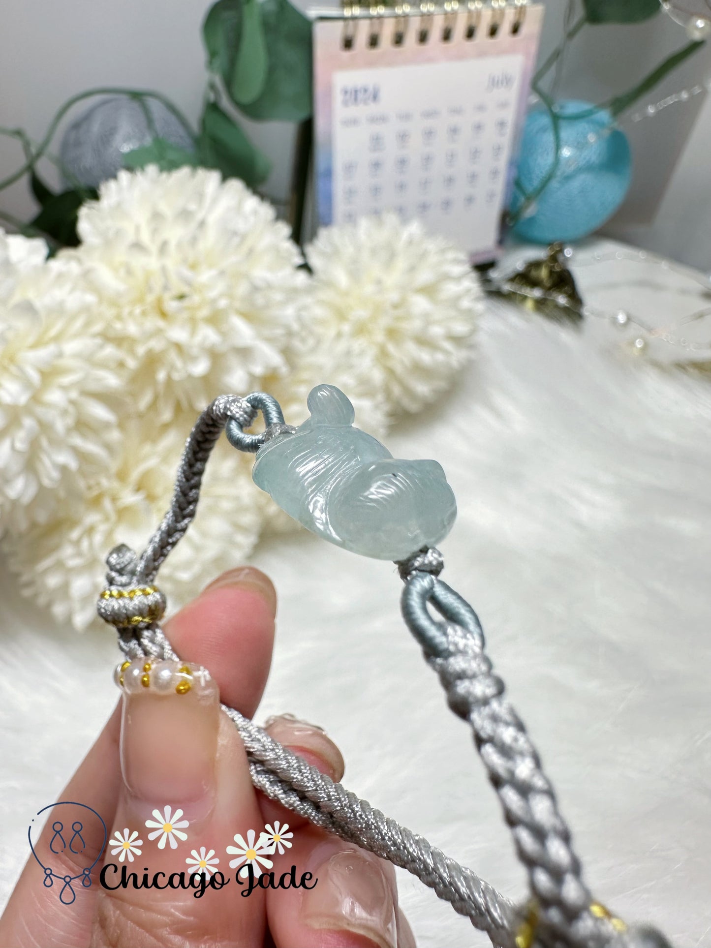 Icy Blue Carved Cat Jadeite Jade Feicui Rope Bracelet Certified Grade A Burma Adjustable Gift Ready