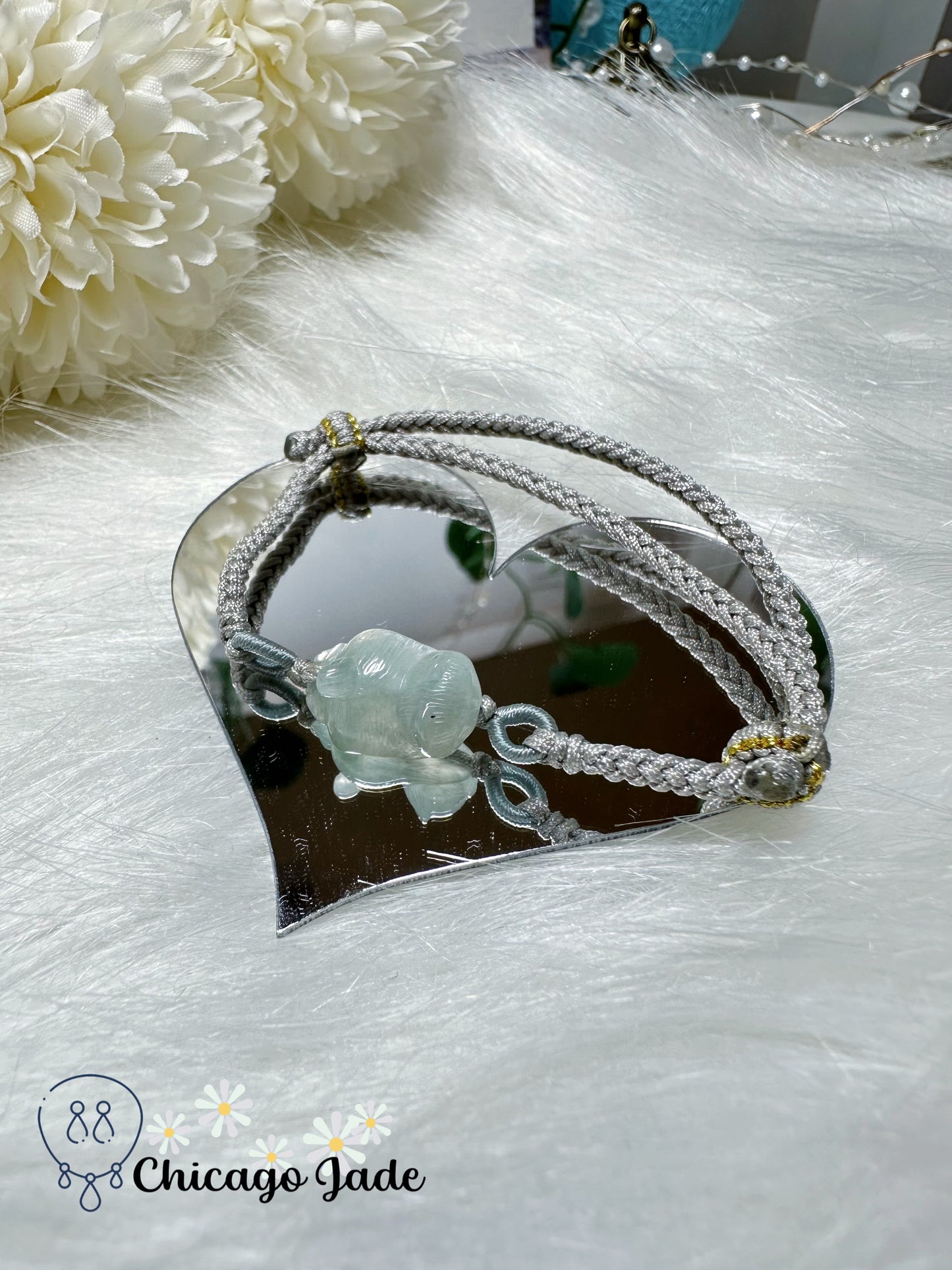 Icy Blue Carved Cat Jadeite Jade Feicui Rope Bracelet Certified Grade A Burma Adjustable Gift Ready