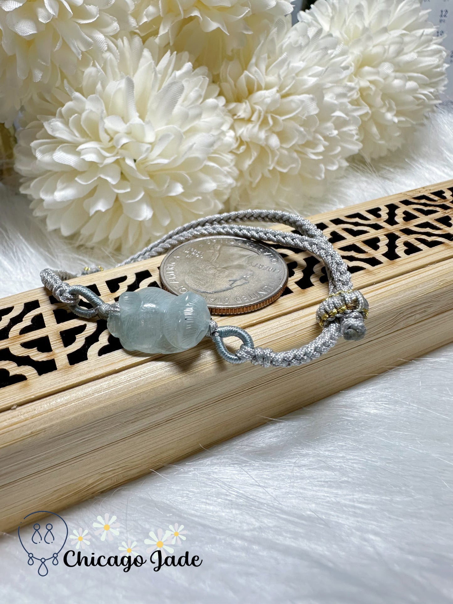 Icy Blue Carved Cat Jadeite Jade Feicui Rope Bracelet Certified Grade A Burma Adjustable Gift Ready