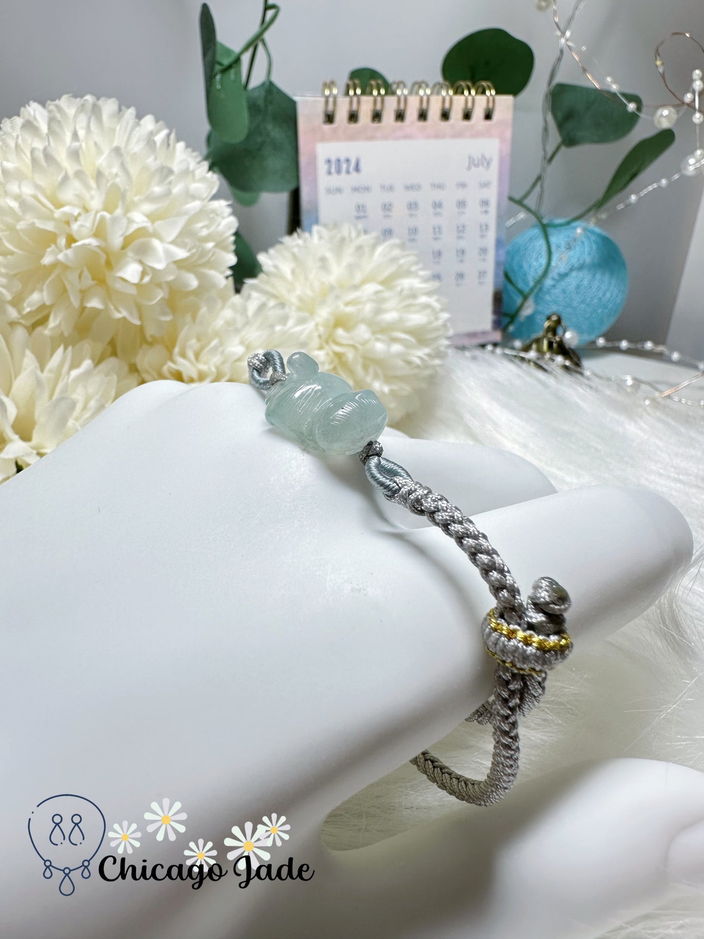 Icy Blue Carved Cat Jadeite Jade Feicui Rope Bracelet Certified Grade A Burma Adjustable Gift Ready