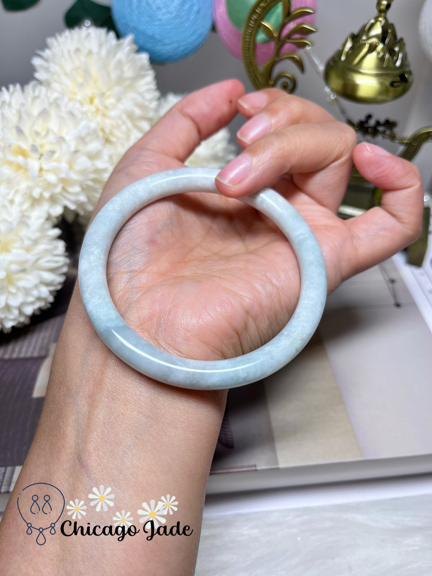 58.8mm Size L Dainty Faint Blue Natural Round Jadeite Jade Feicui Bangle Handmade Gift Ready Certified