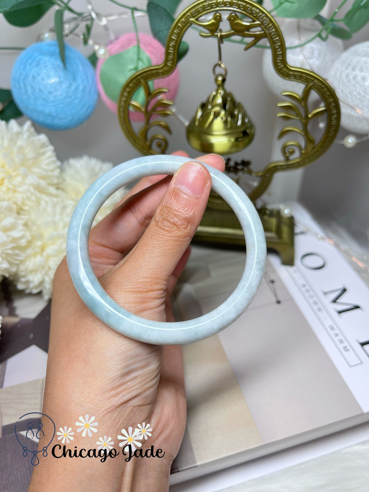 58.8mm Size L Dainty Faint Blue Natural Round Jadeite Jade Feicui Bangle Handmade Gift Ready Certified