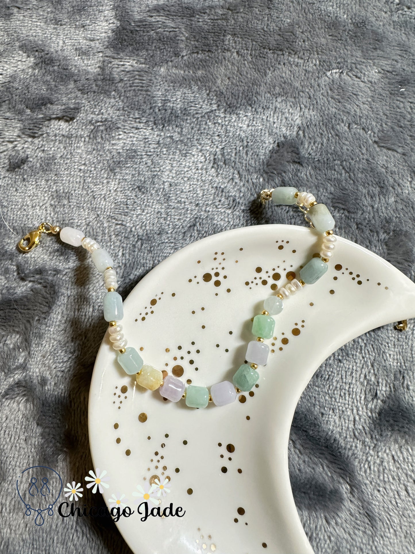 Multi-color jadeite jade beaded bracelet fresh water pearl alloy adjustable