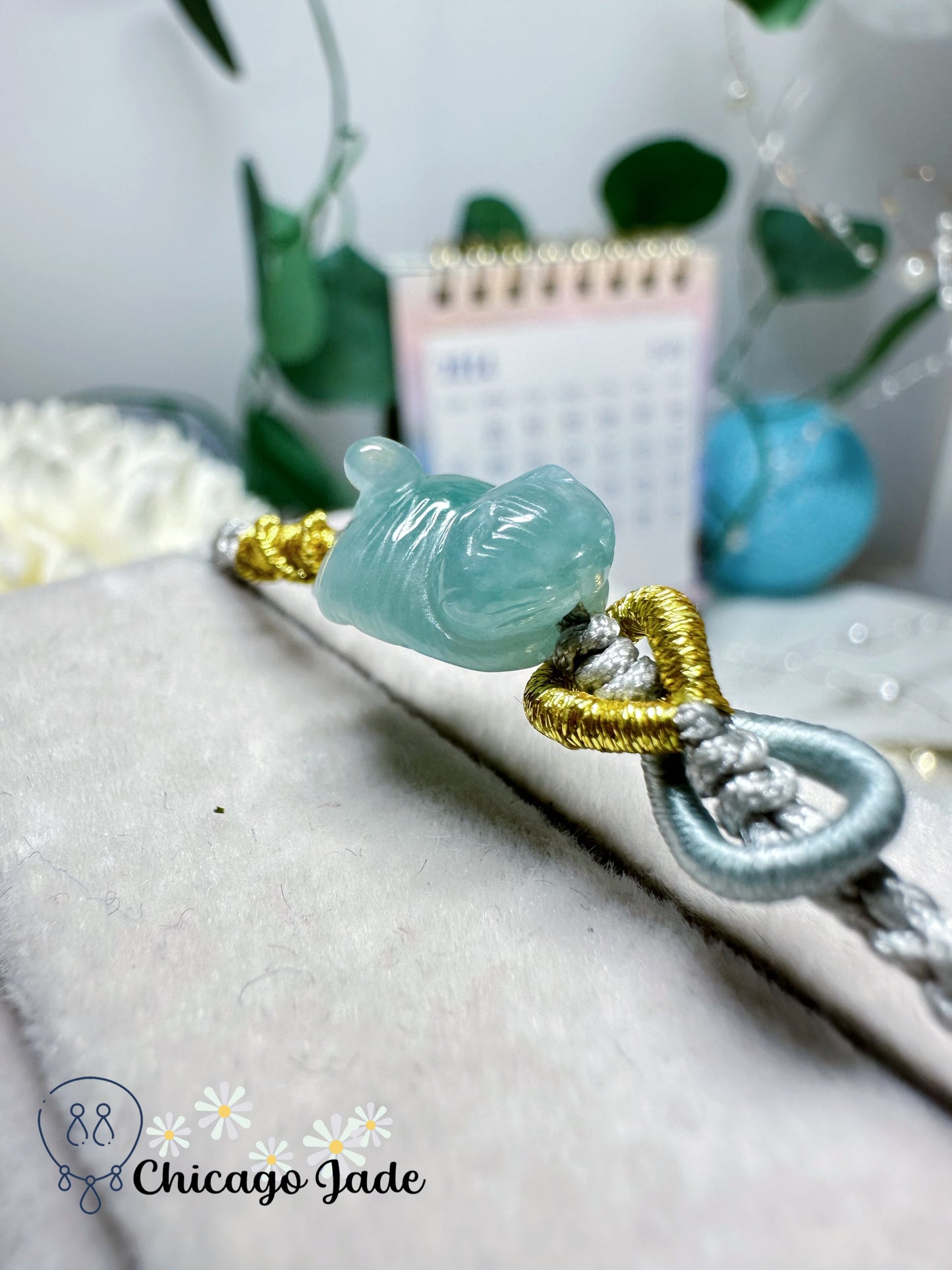 Carved Dainty Blue Jadeite Jade Feicui Cat on Adjustable Rope Bracelet Handmade Natural Grade A Certified