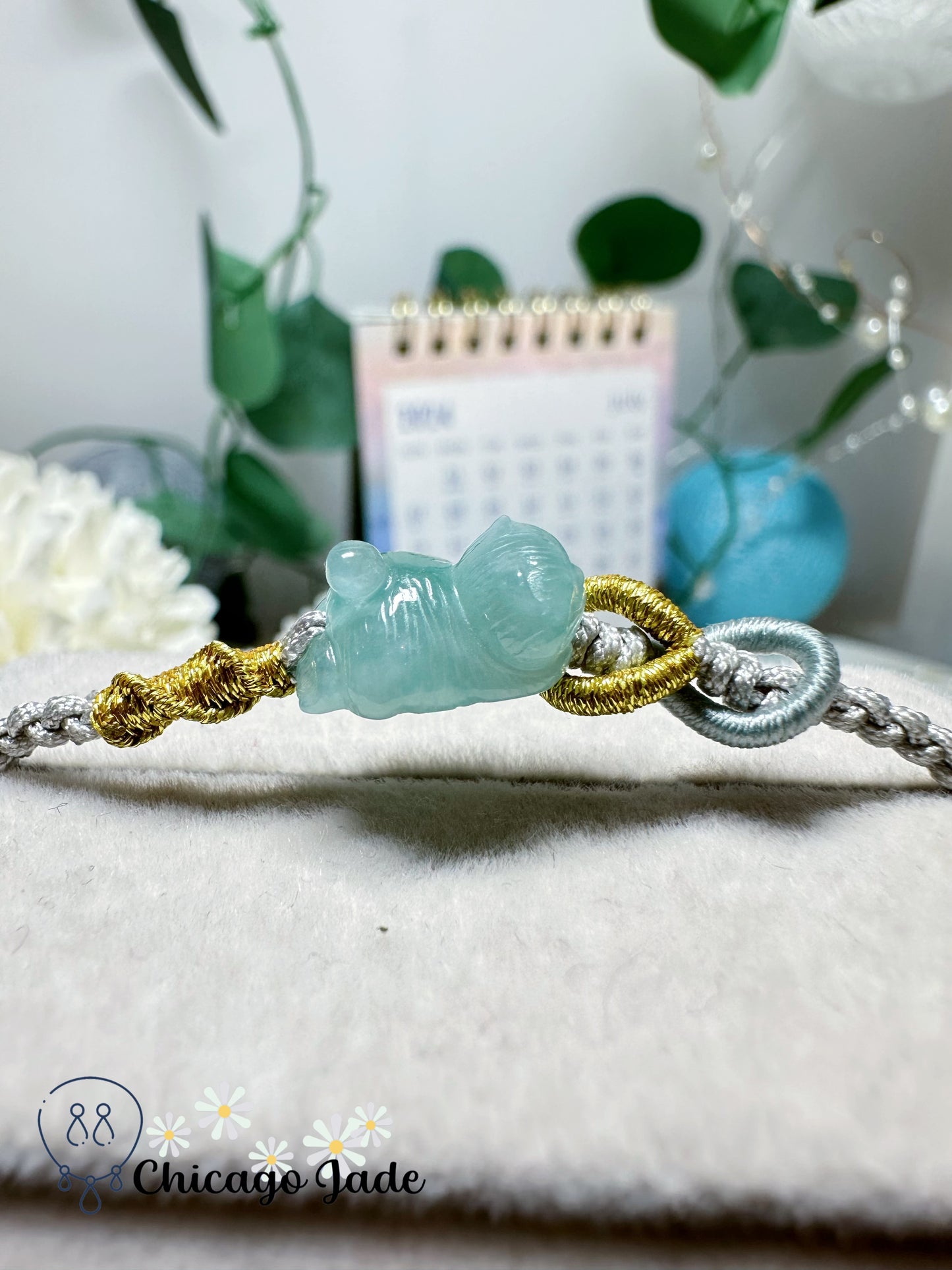 Carved Dainty Blue Jadeite Jade Feicui Cat on Adjustable Rope Bracelet Handmade Natural Grade A Certified