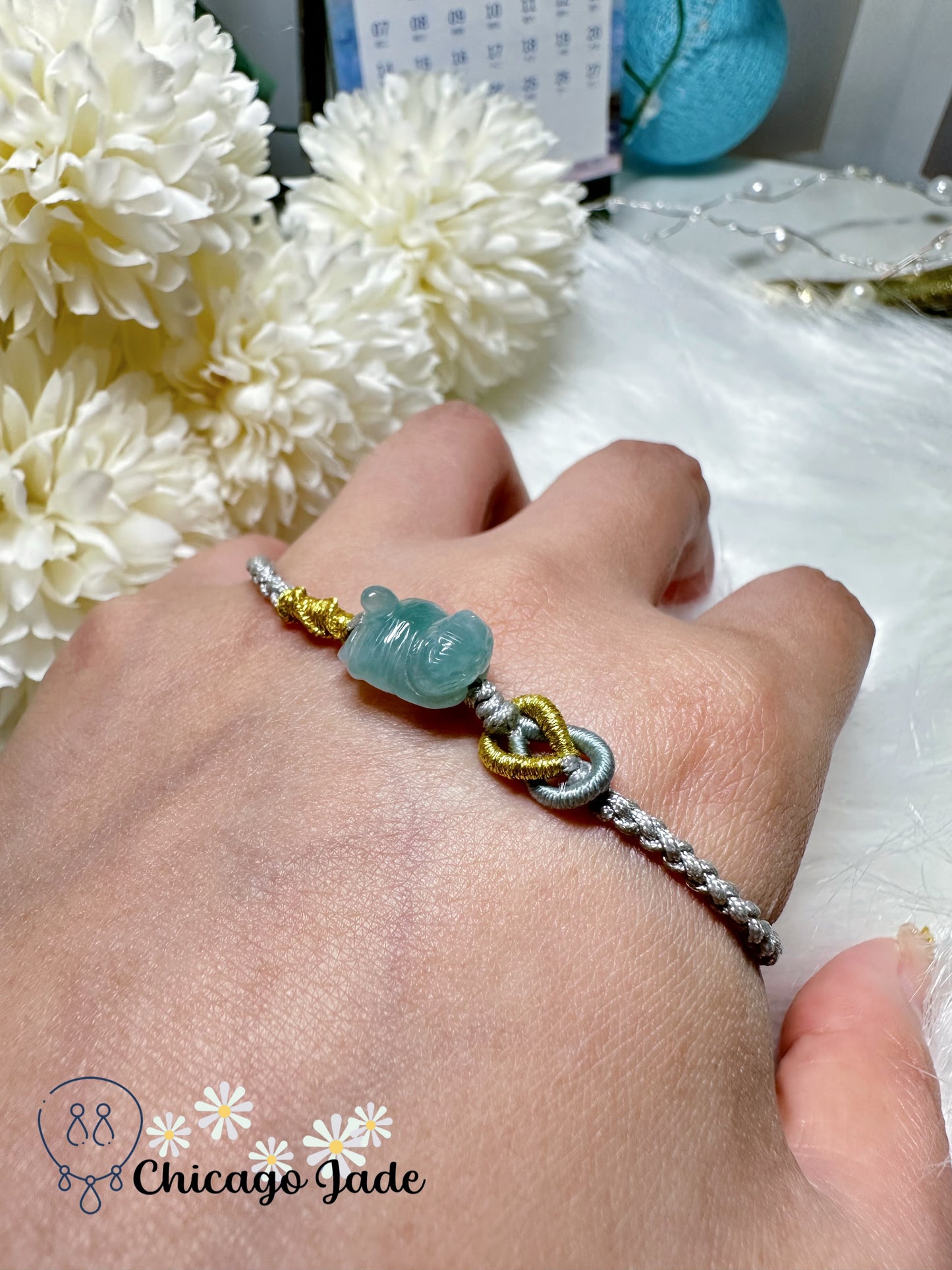 Carved Dainty Blue Jadeite Jade Feicui Cat on Adjustable Rope Bracelet Handmade Natural Grade A Certified