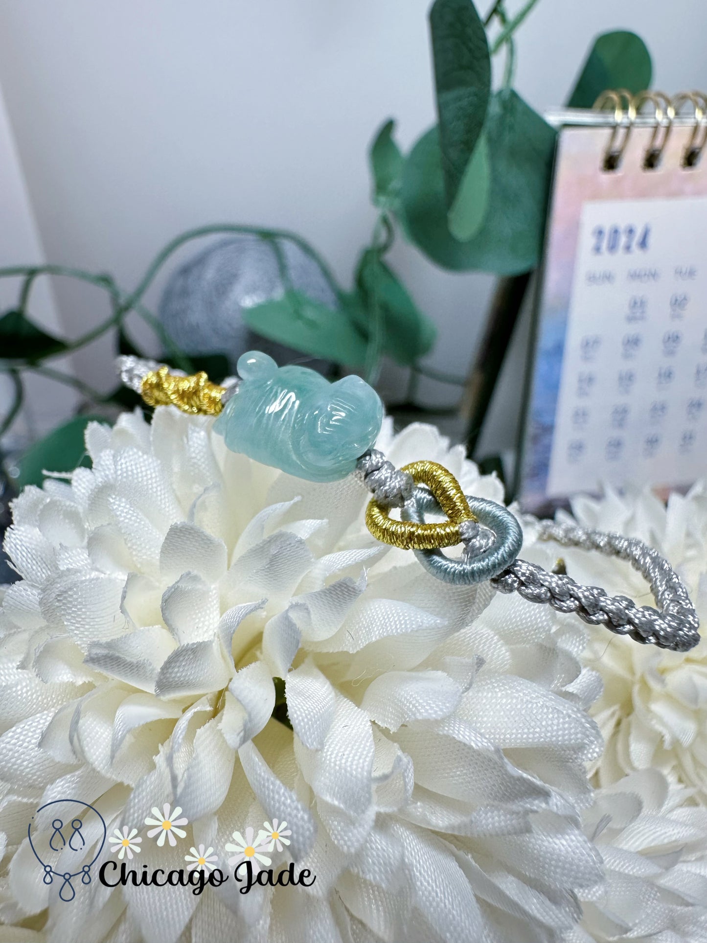 Carved Dainty Blue Jadeite Jade Feicui Cat on Adjustable Rope Bracelet Handmade Natural Grade A Certified