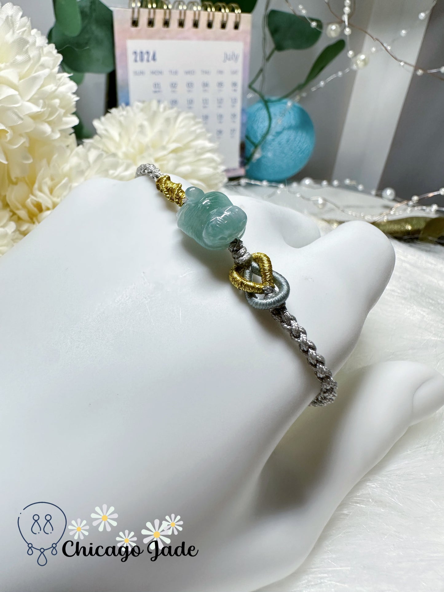 Carved Dainty Blue Jadeite Jade Feicui Cat on Adjustable Rope Bracelet Handmade Natural Grade A Certified