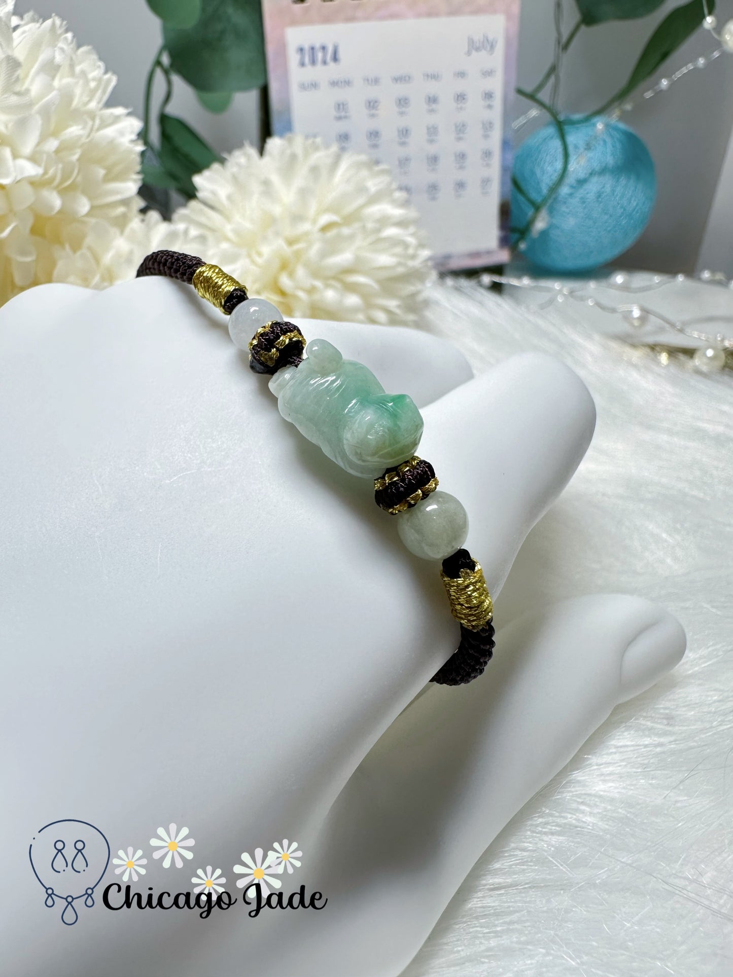 Green Jadeite Jade Feicui Cat Lying Down to Relax Adjustable Rope Bracelet Natural Untreated Grade A Certified