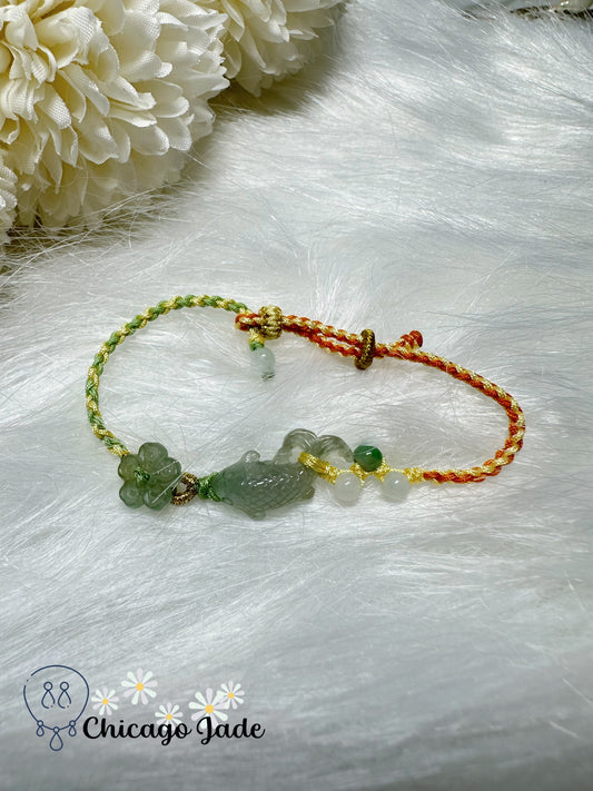 Bi Color Adjustable Rope Bracelet Lucky Fish with Flower (the icing on the cake) Natural Jadeite Jade Feicui Certified&nbsp;