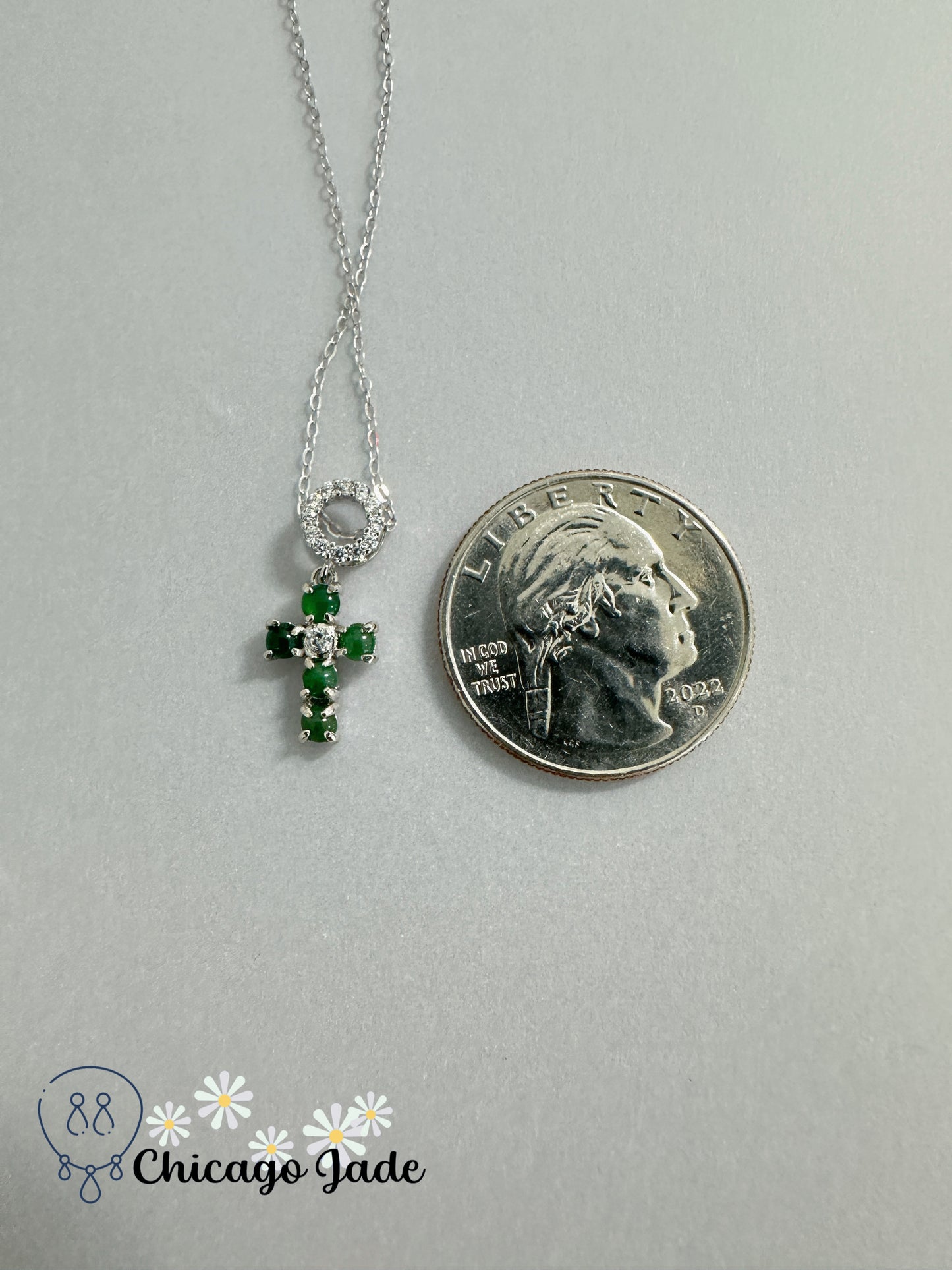 Jade Stone Cross Pendant Necklace, Sterling Silver Chain, Adjustable Length, Green Gemstones