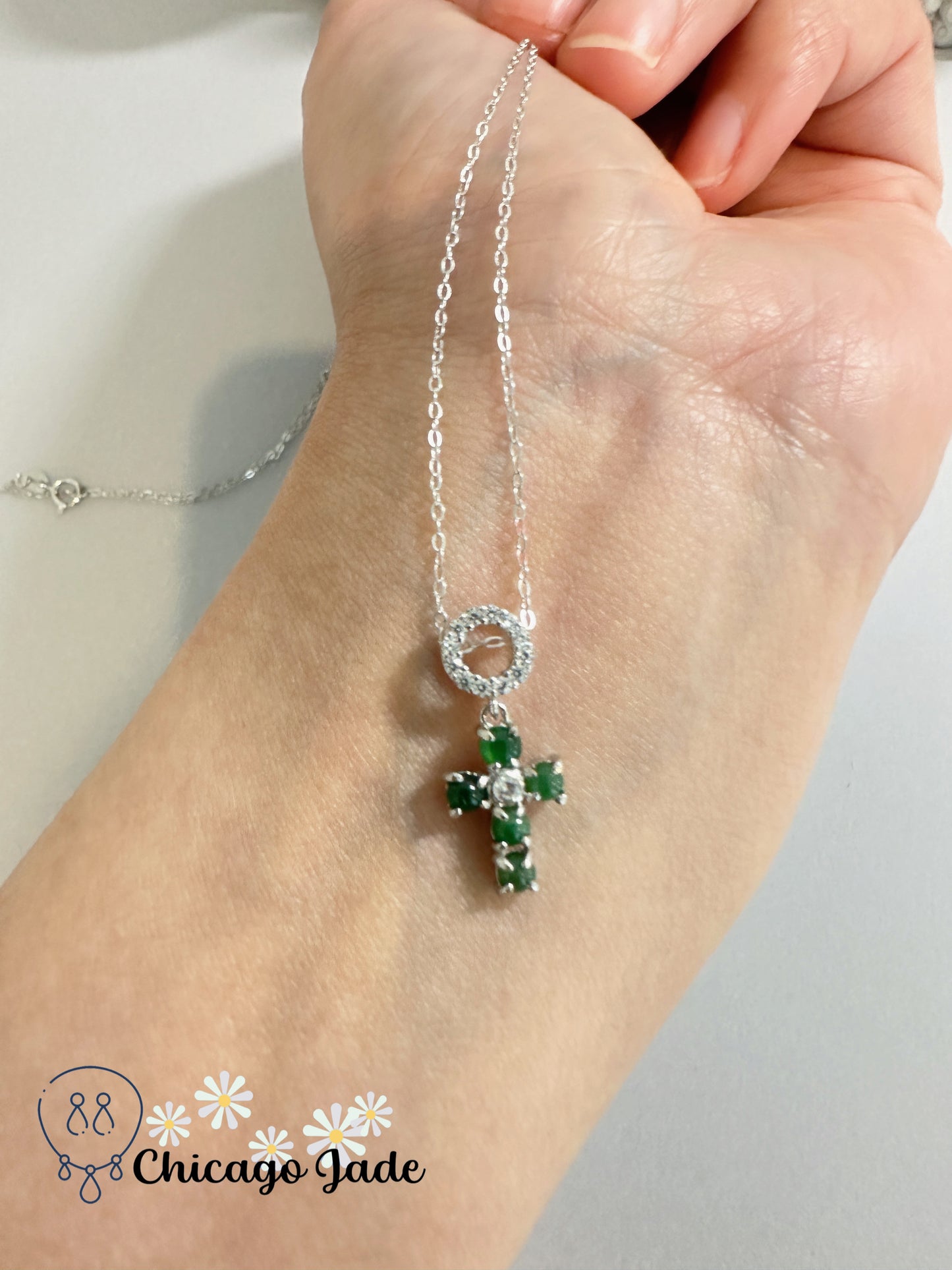 Jade Stone Cross Pendant Necklace, Sterling Silver Chain, Adjustable Length, Green Gemstones