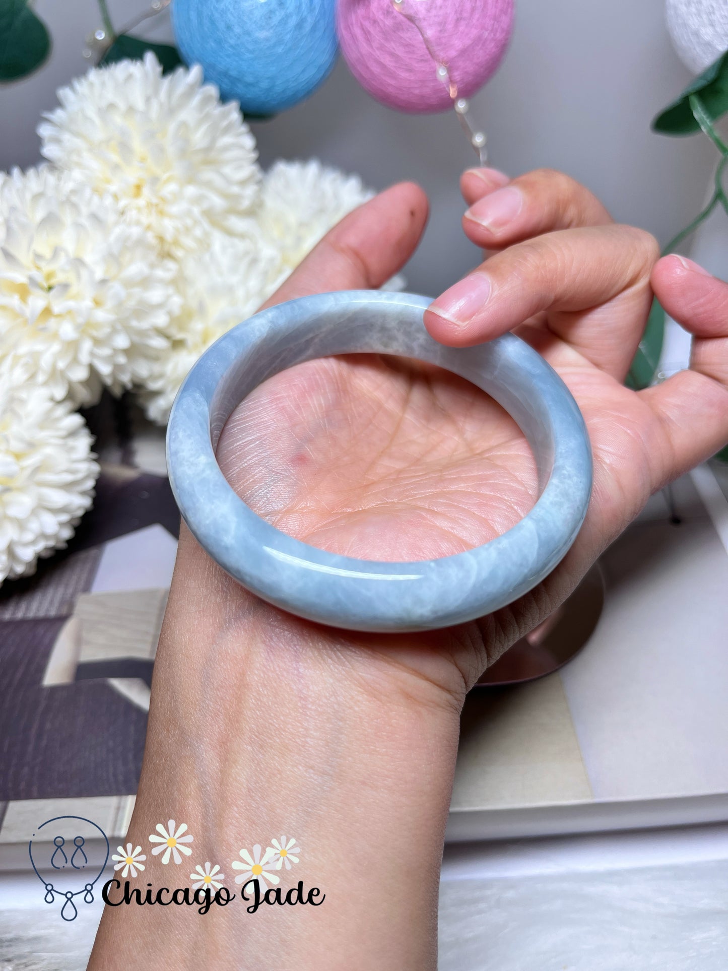 57.1mm Size M Ocean Blue White Clouds Natural Grade A Authentic Untreated Burma Jadeite Jade Feicui Bangle