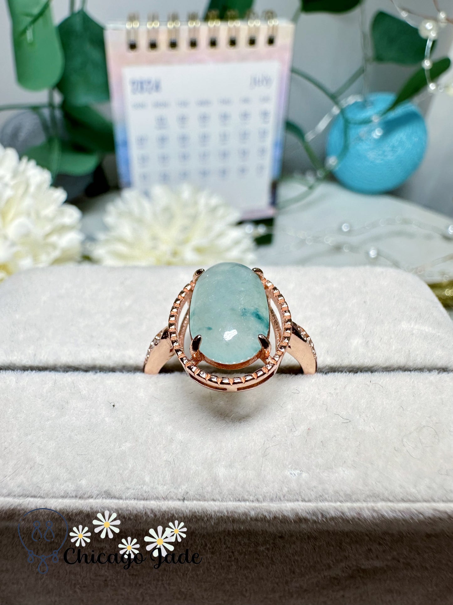 Moonlight White Base with Floating Blue Flowers Natural Oval Jadeite Jade Feicui Ring Sterling Silver Adjustable Grade A Certified Burma