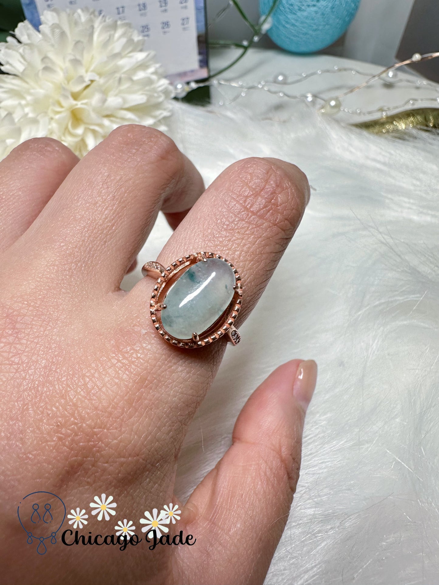 Moonlight White Base with Floating Blue Flowers Natural Oval Jadeite Jade Feicui Ring Sterling Silver Adjustable Grade A Certified Burma