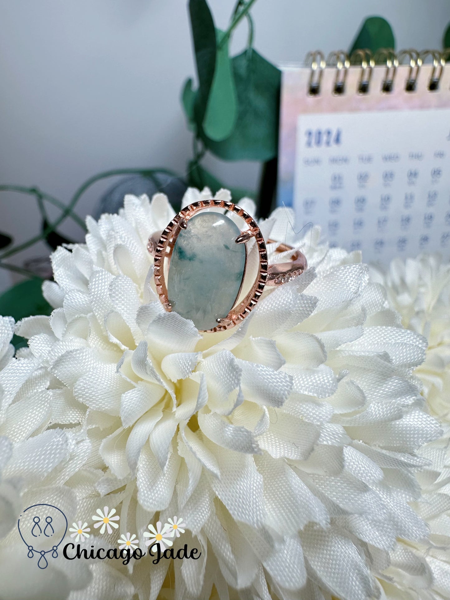 Moonlight White Base with Floating Blue Flowers Natural Oval Jadeite Jade Feicui Ring Sterling Silver Adjustable Grade A Certified Burma