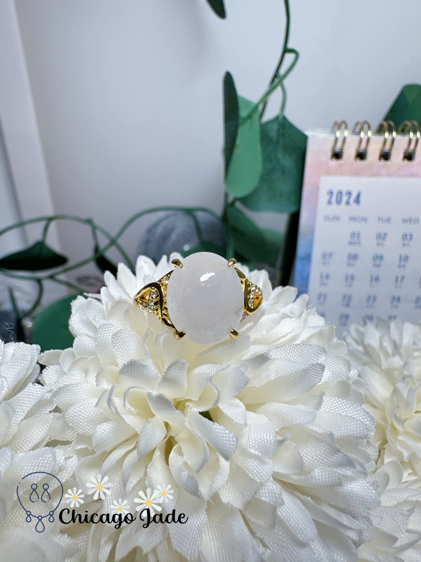 Moonlight White Large Round Jadeite Jade Feicui Ring Sterling Silver S925 Adjustable Grade A Certified Burma