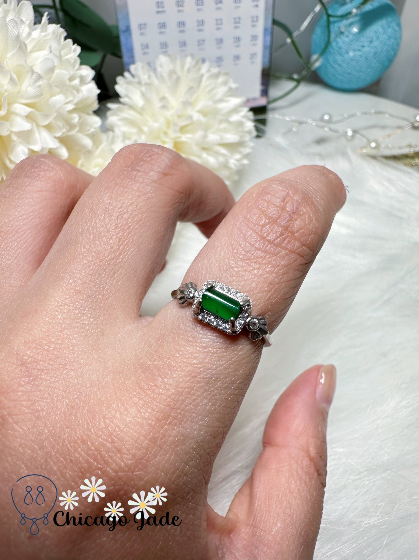 Specially Designed Rectangle Bright Green Natural Jadeite Jade Stone on Sterling Silver S925 Adjustable Grade A Certified