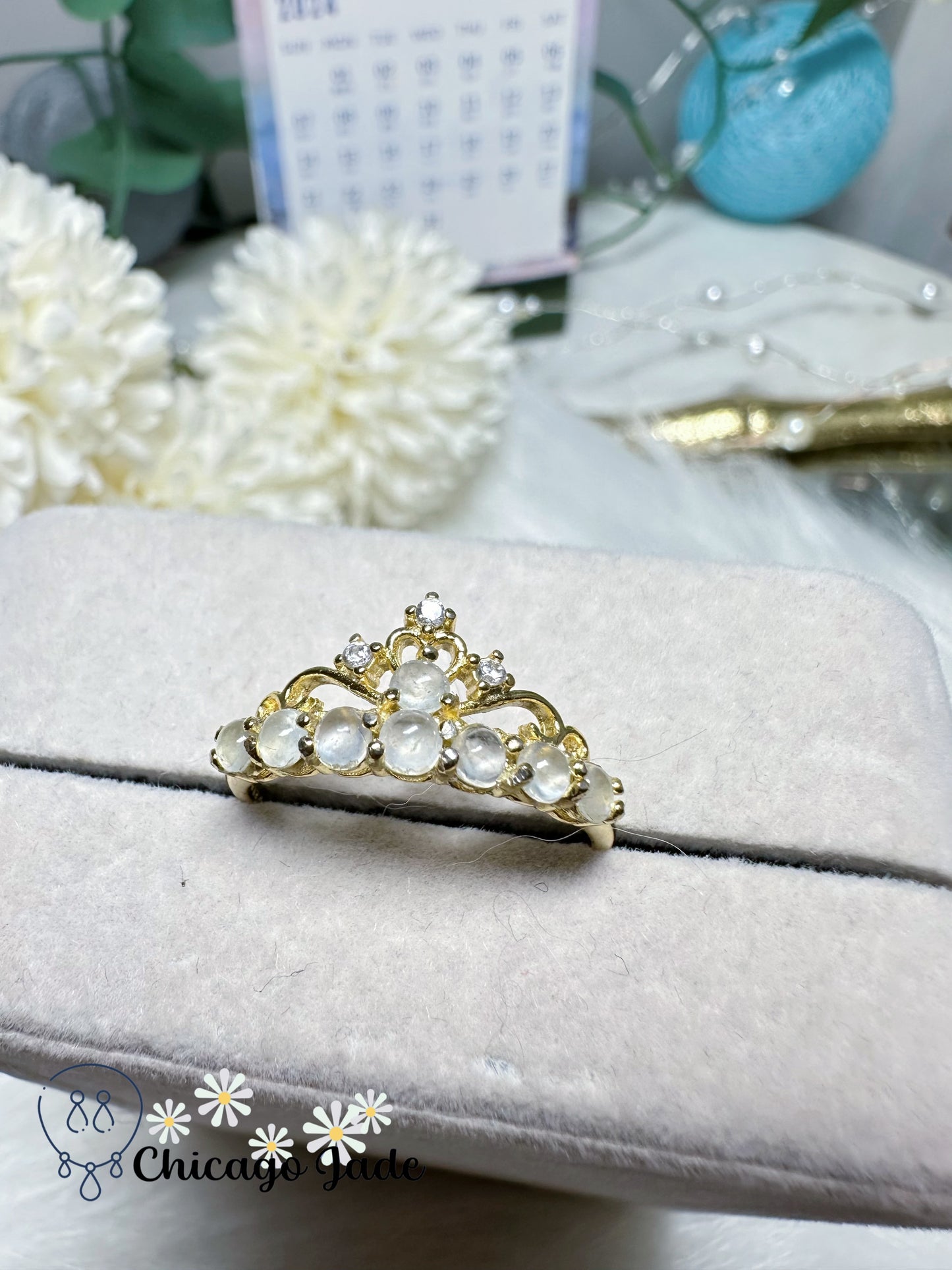 Designer Crown Translucent Dainty Jadeite Jade Feicui Stone on Gold Plated Sterling Silver S925 Ring Adjustable