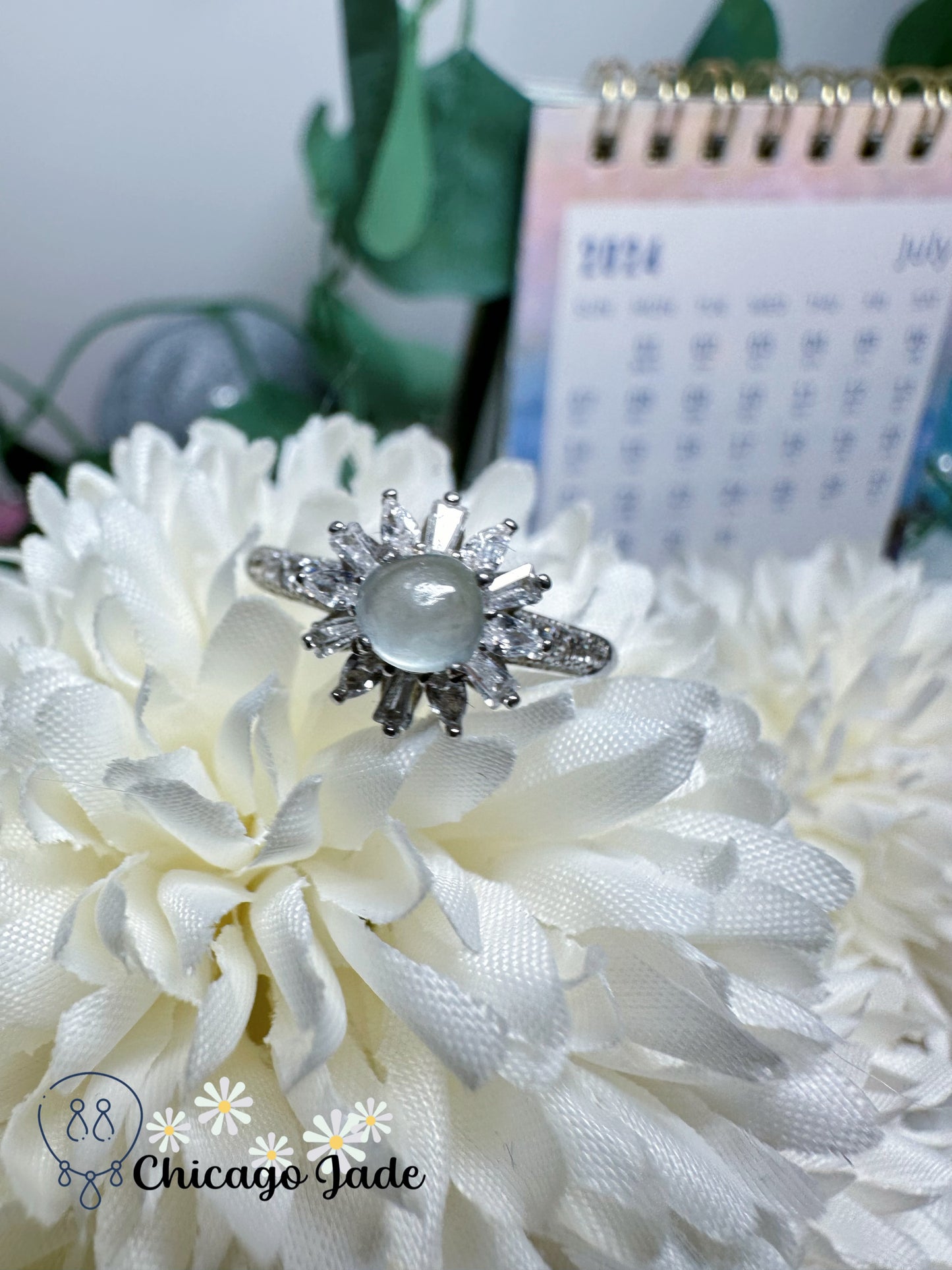 Dainty Bright Translucent Light Blue Natural Jadeite Jade Feicui Stone on Sterling Silver S925 Adjustable Ring