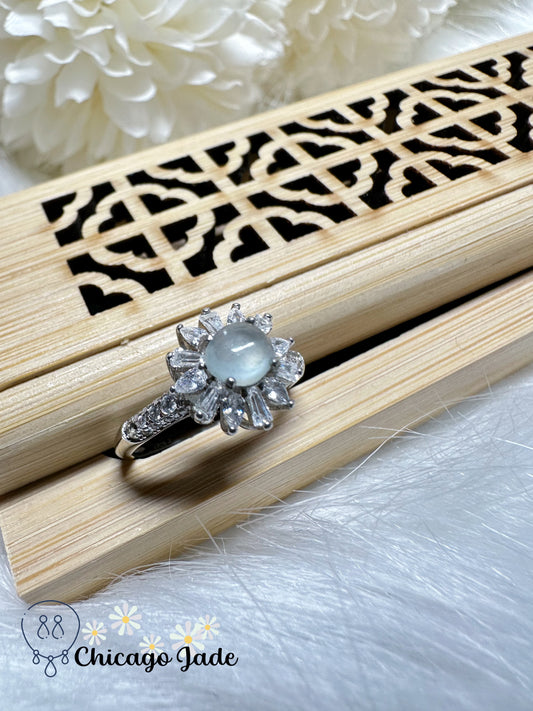 Dainty Bright Translucent Light Blue Natural Jadeite Jade Feicui Stone on Sterling Silver S925 Adjustable Ring