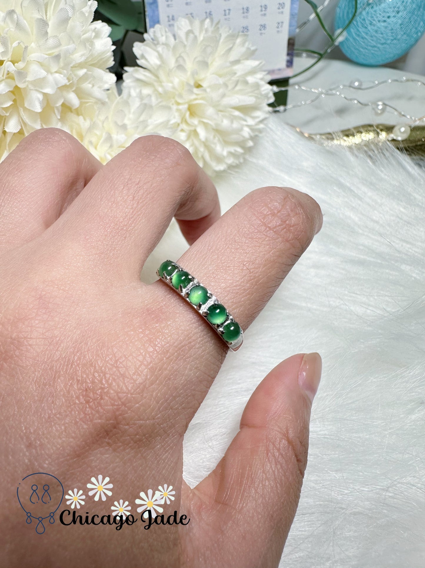 Bright Green Dainty Jadeite Jade Feicui Ring Sterling Silver S925 Adjustable Band