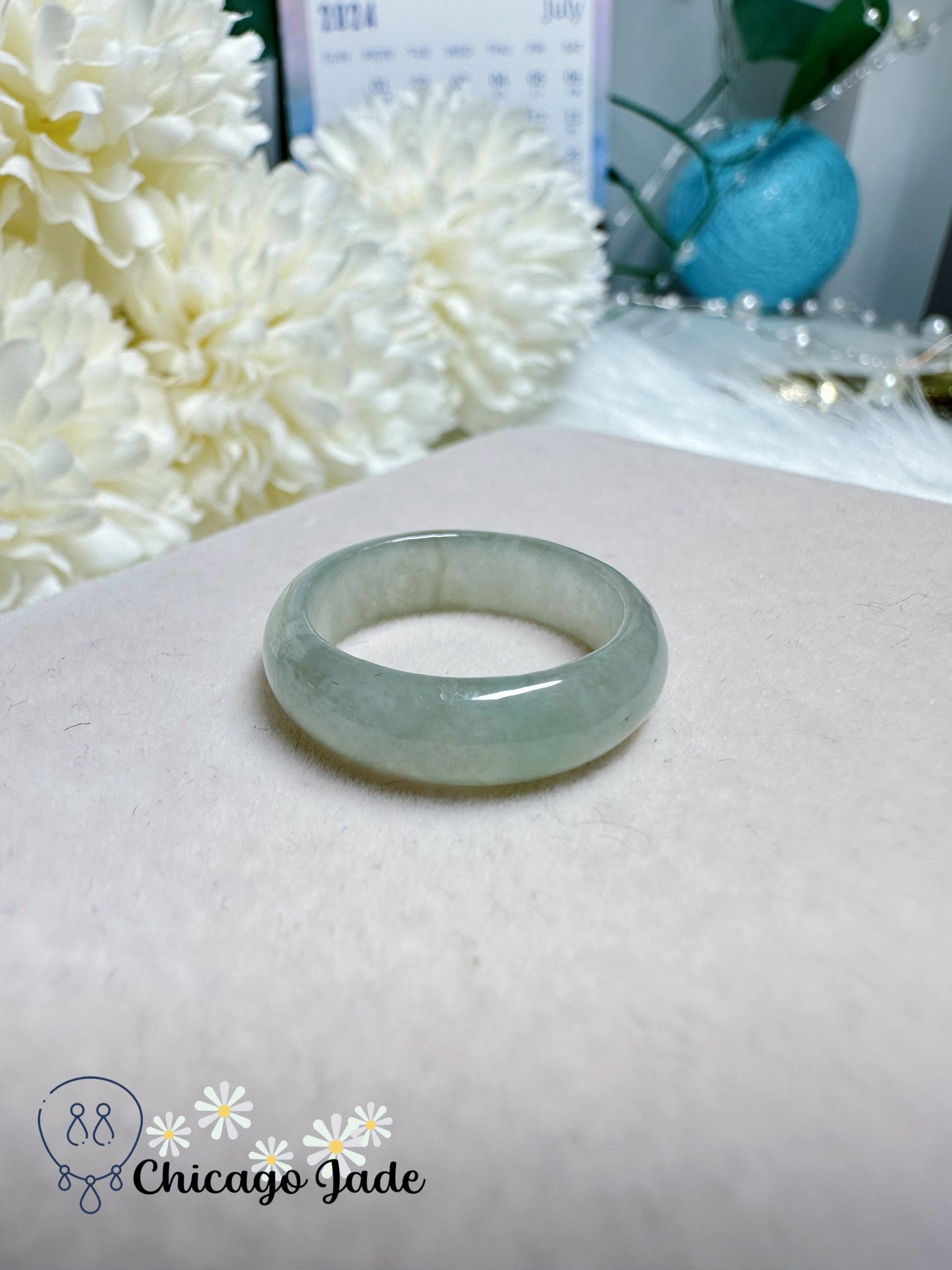 Moonlight White Smooth Round Jadeite Jade Feicui Ring Band Size 5.5-6