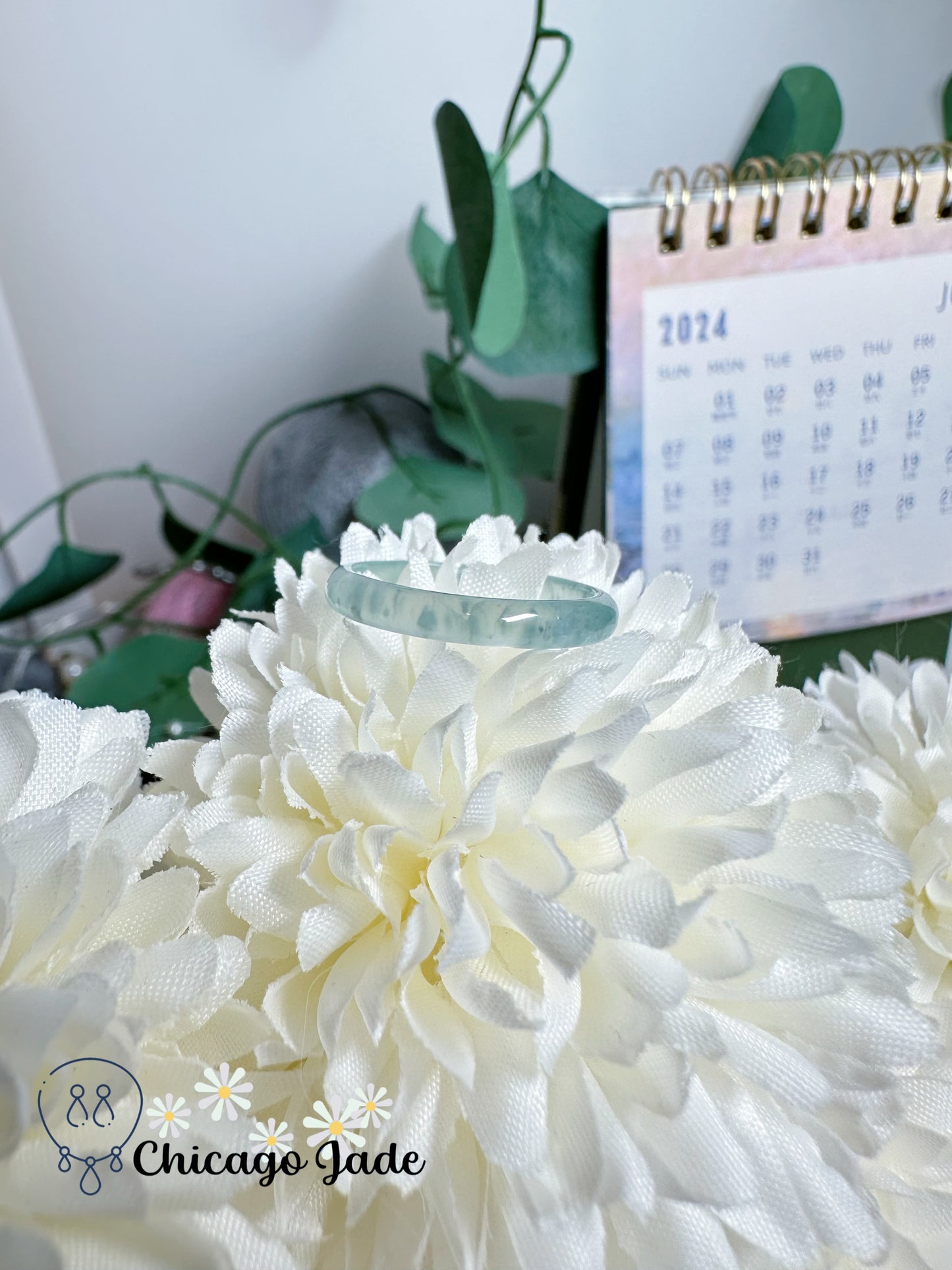 Translucent Green with Touches of Snowflake Clouds Natural Jadeite Jade Feicui Ring Band