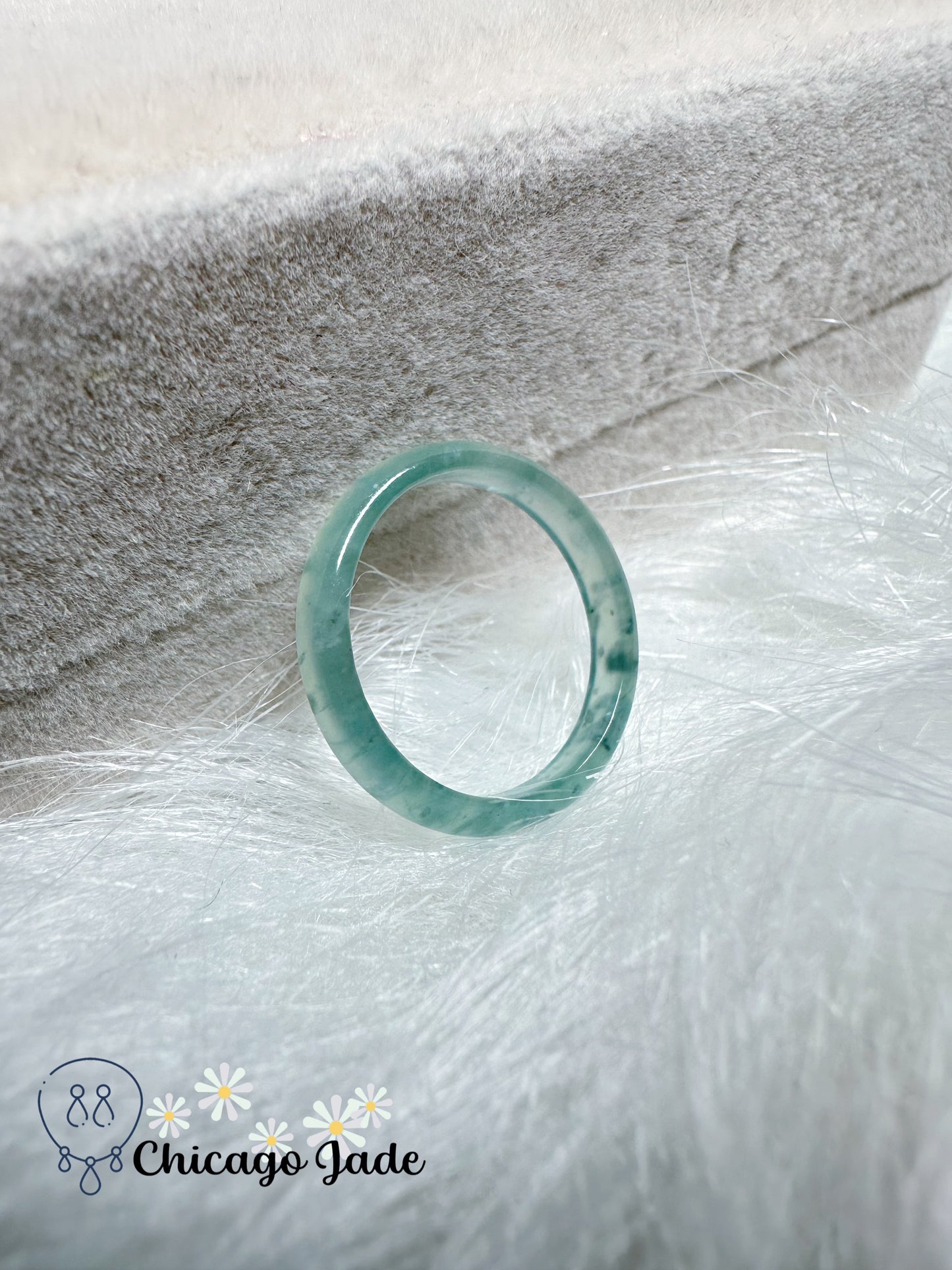 Translucent Green with Touches of Snowflake Clouds Natural Jadeite Jade Feicui Ring Band