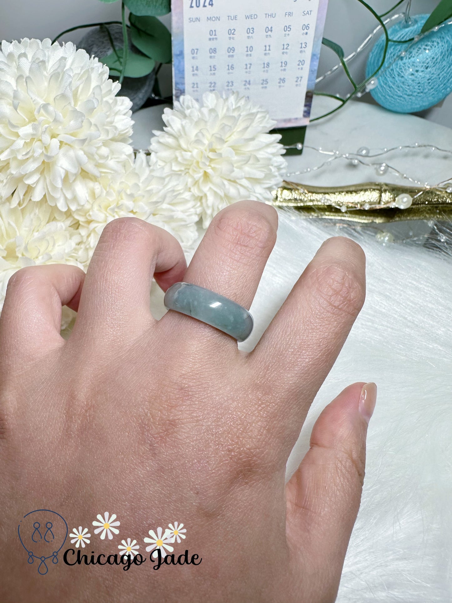 Sky Blue with White Clouds Natural Jadeite Jade Feicui Ring Band US 7