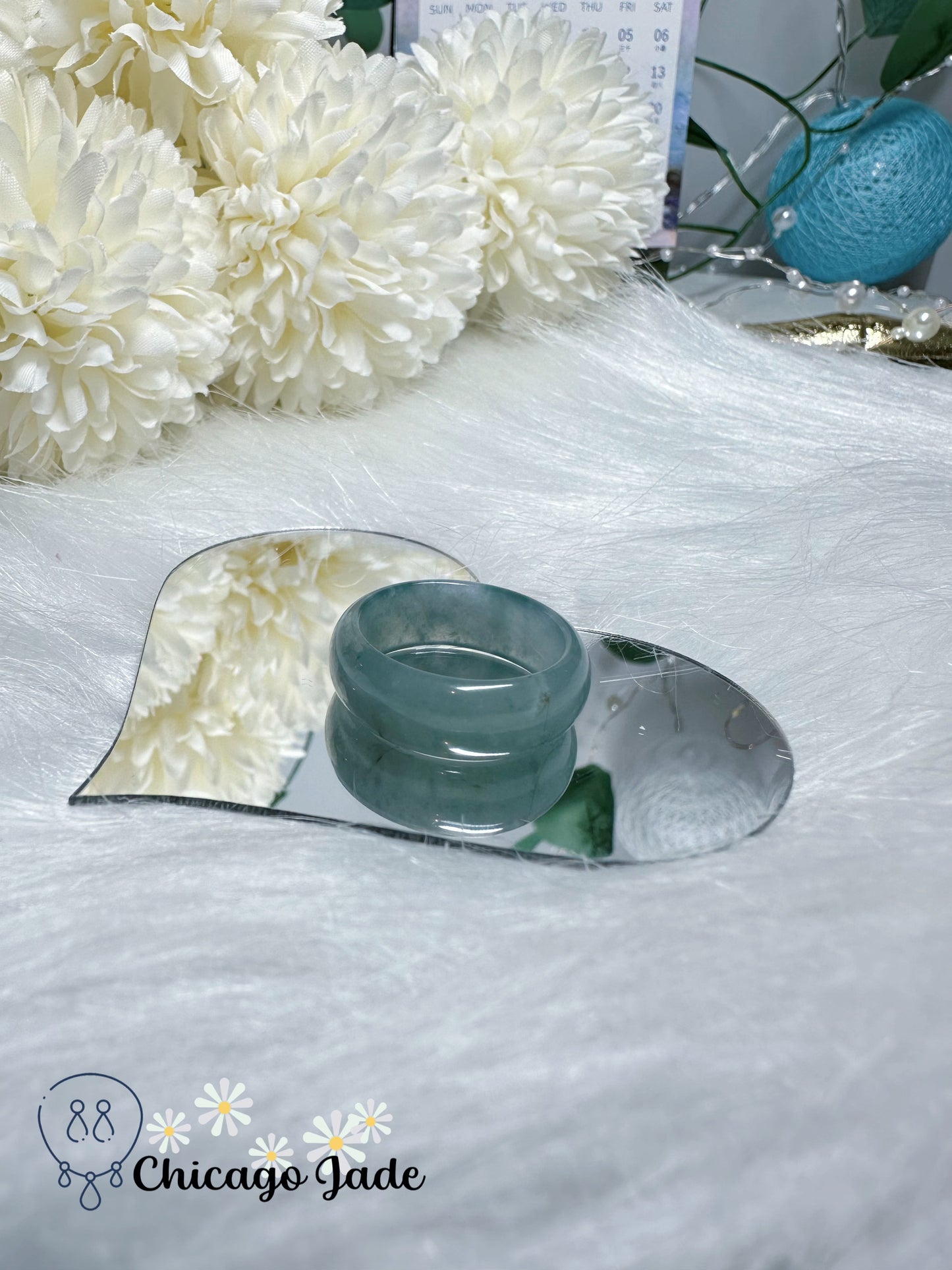 Sky Blue with White Clouds Natural Jadeite Jade Feicui Ring Band US 7