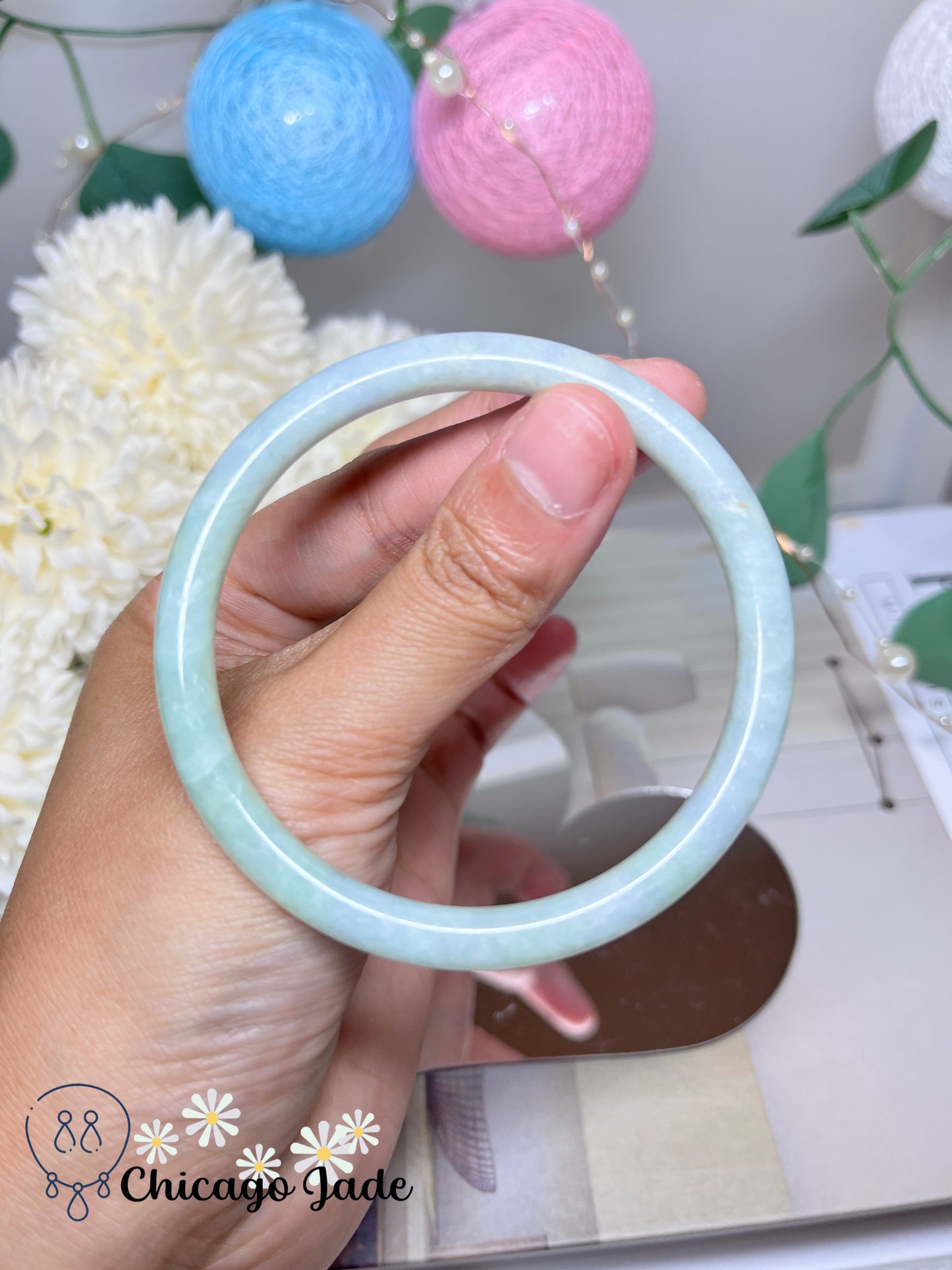 57.1mm Size L Dainty Blue Green Natural Grade A Authentic Untreated Burma Jadeite Jade Feicui Bangle
