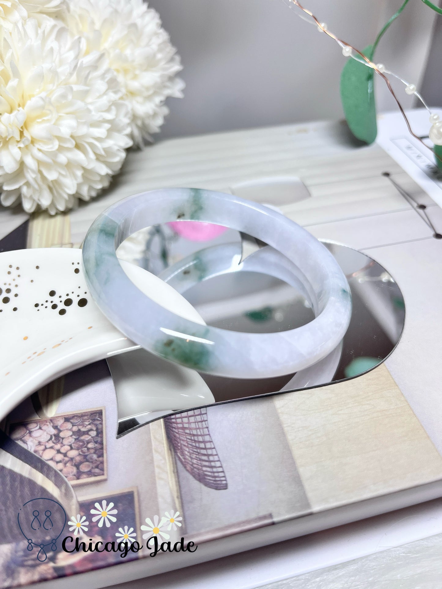 57.9mm Size M Light Lavender Base with Green Flowers Natural Grade A Authentic Untreated Burma Jadeite Jade Feicui Bangle