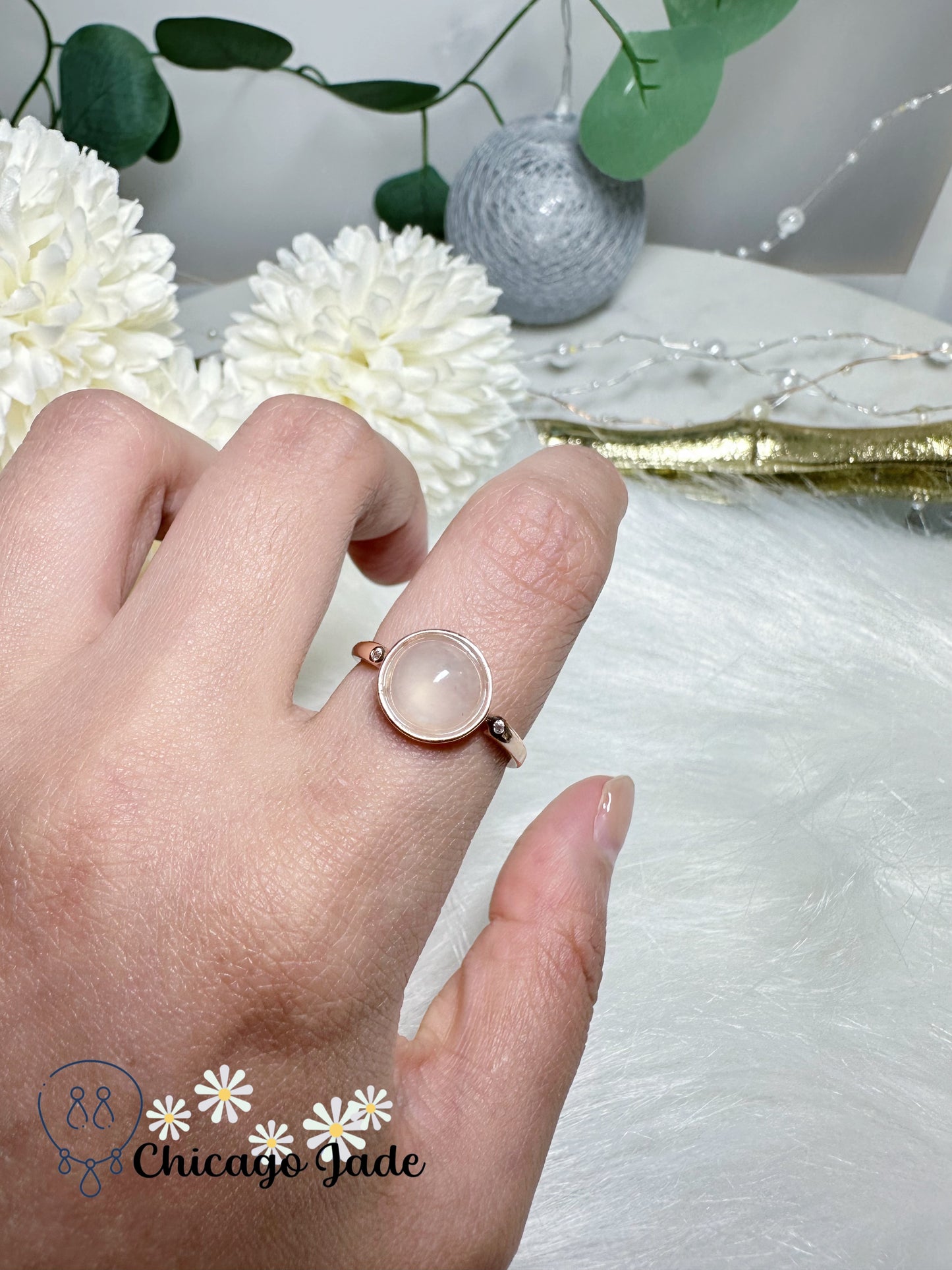 Translucent White Minimalist Round Natural Jadeite Jade Feicui Ring Sterling Silver S925 Adjustable Handmade Certified Grade A