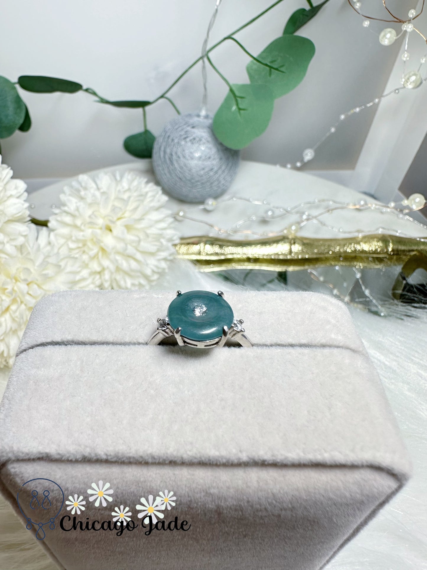 Donut Shape Grey Blue Natural Jadeite Jade Feicui Pingan Ring Sterling Silver S925 Adjustable Grade A Certified