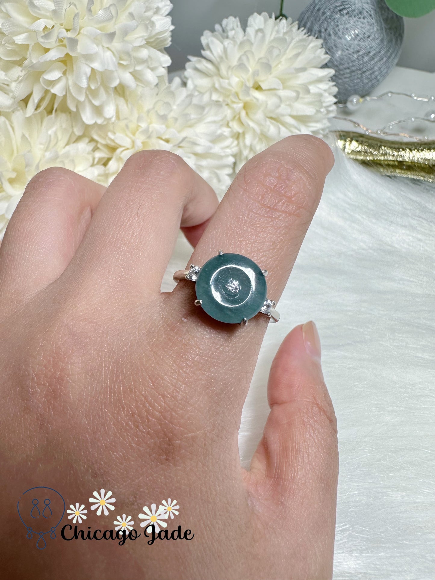 Donut Shape Grey Blue Natural Jadeite Jade Feicui Pingan Ring Sterling Silver S925 Adjustable Grade A Certified