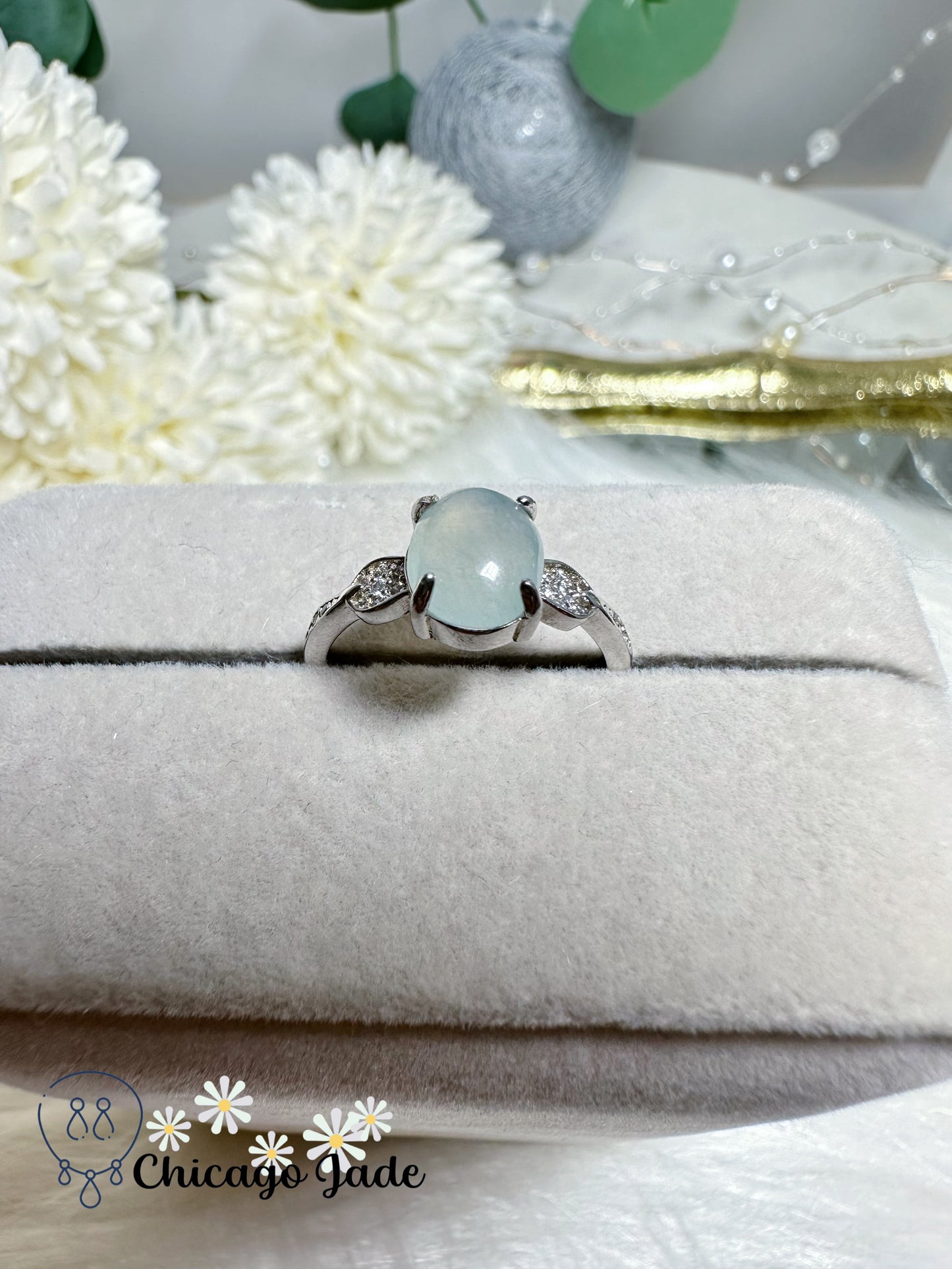 Moonlight White Large Oval Natural Jadeite Jade Feicui Ring Elegant Gift Adjustable Sterling Silver Certified