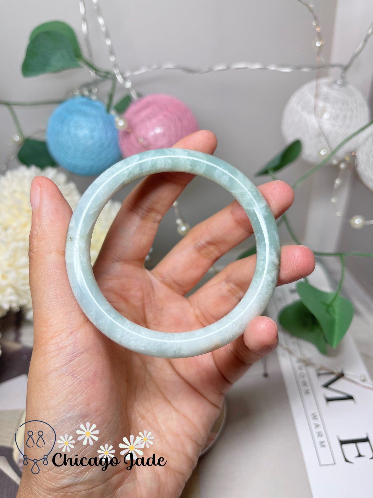 57.3mm Size M Icy Green Base with White Cotton Natural Grade A Jadeite Jade Feicui Bangle