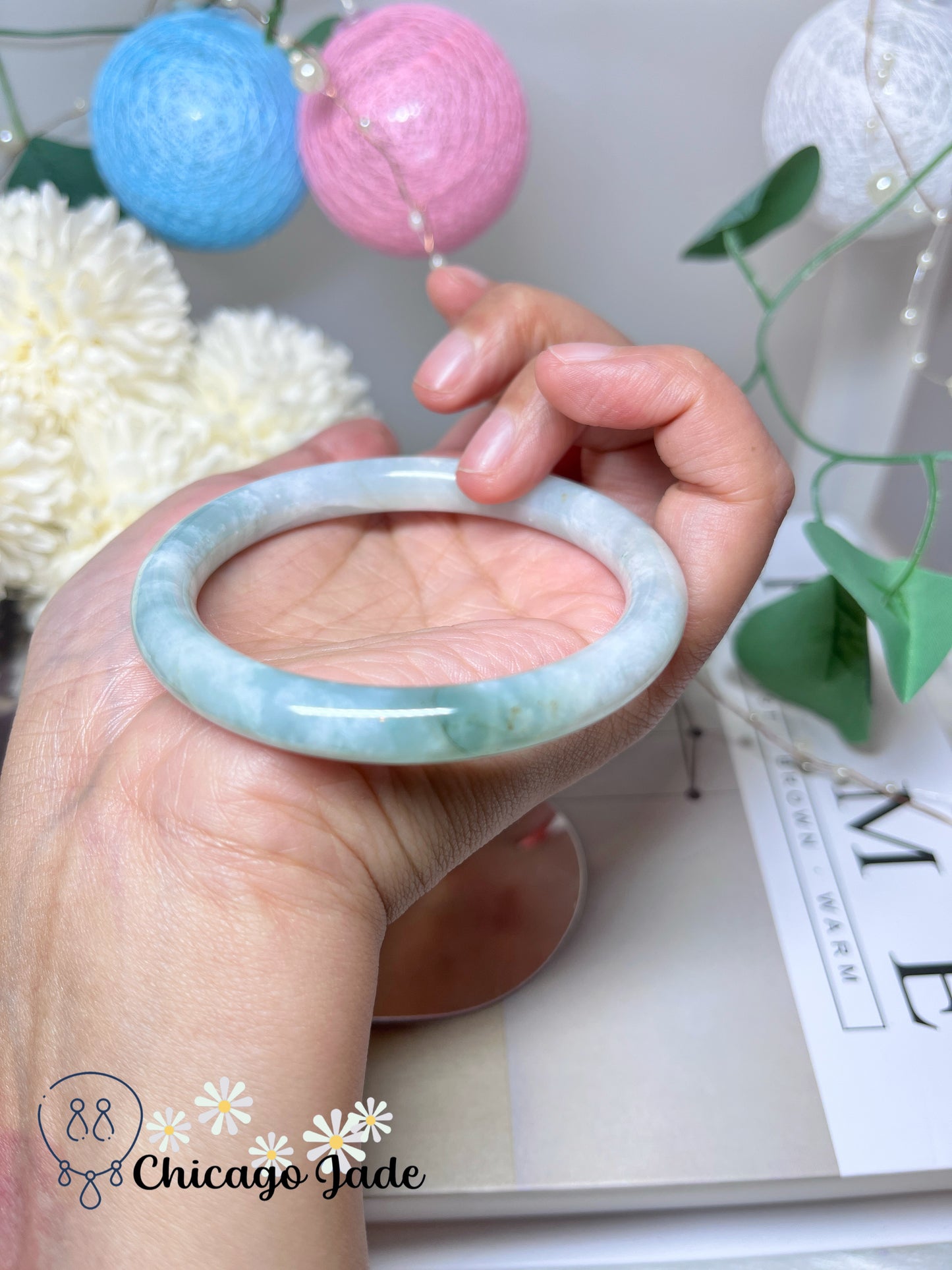 57.3mm Size M Icy Green Base with White Cotton Natural Grade A Jadeite Jade Feicui Bangle