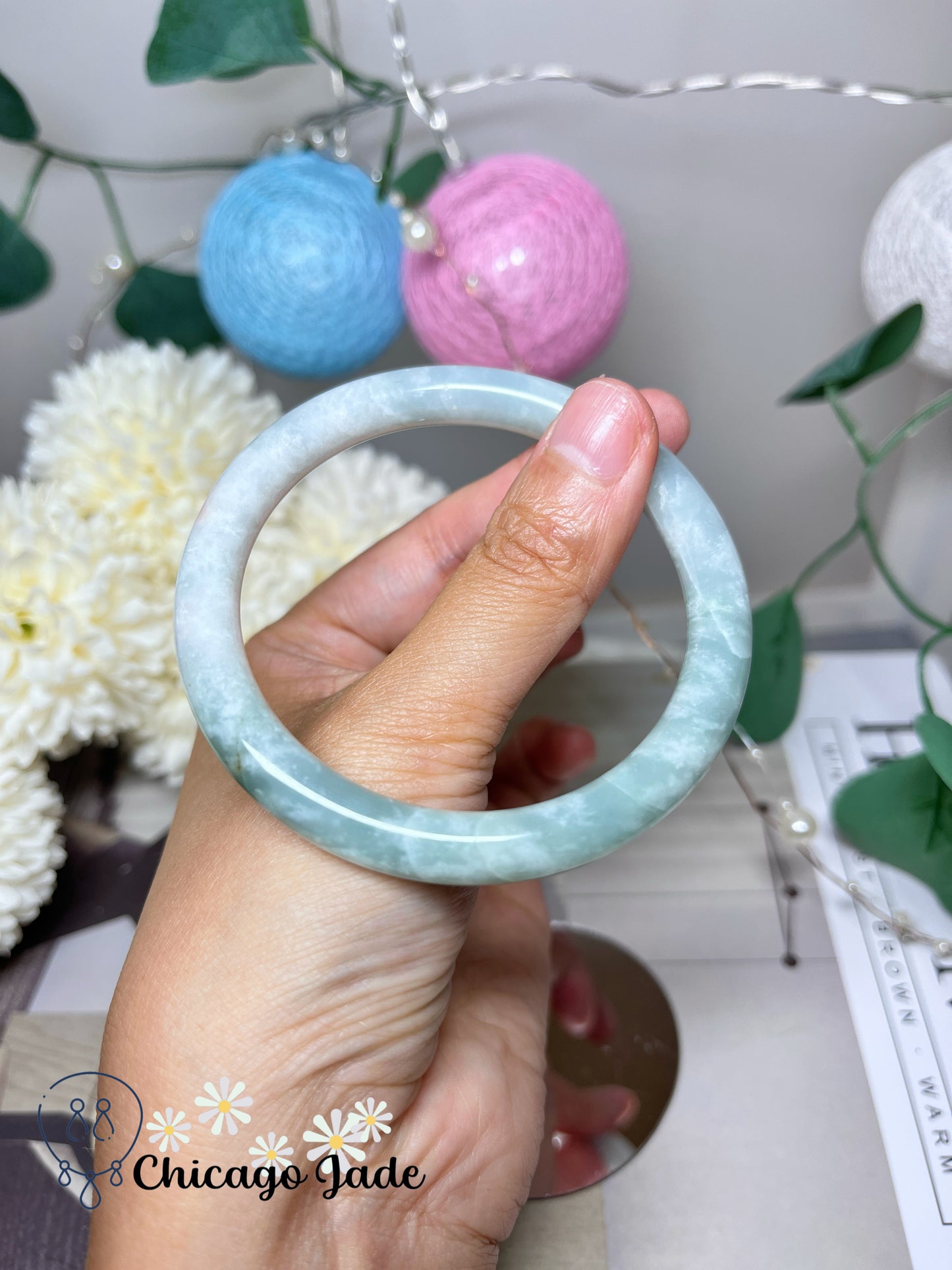 57.3mm Size M Icy Green Base with White Cotton Natural Grade A Jadeite Jade Feicui Bangle