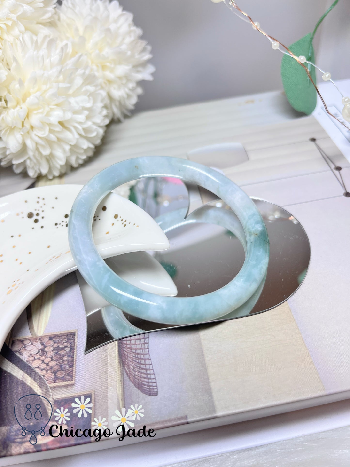 57.3mm Size M Icy Green Base with White Cotton Natural Grade A Jadeite Jade Feicui Bangle