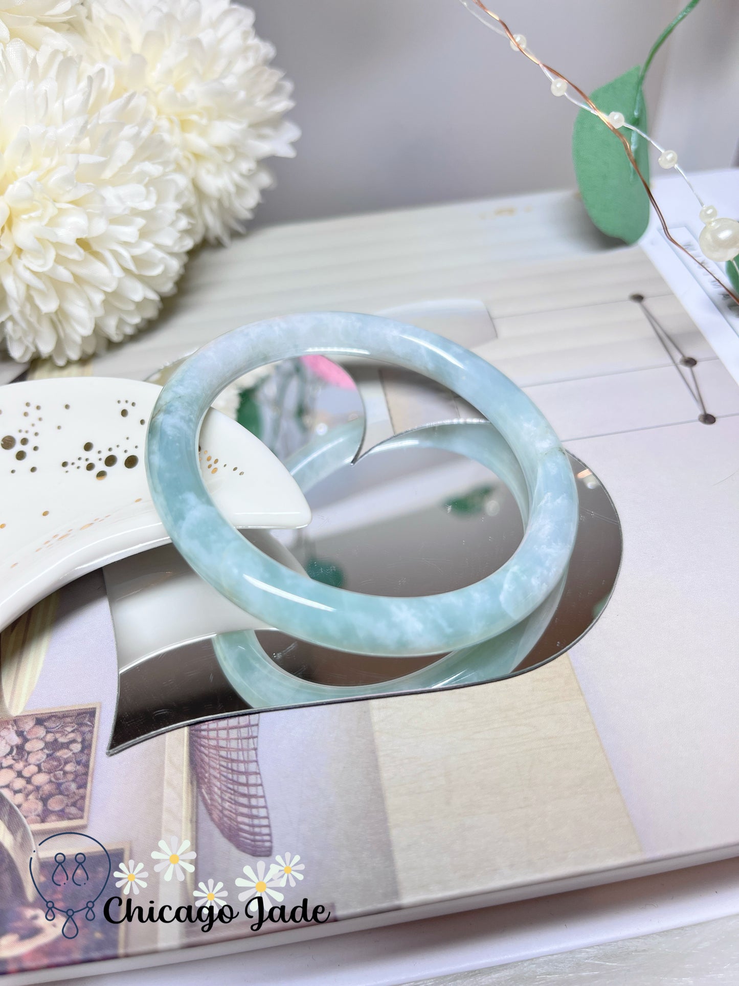 57.3mm Size M Icy Green Base with White Cotton Natural Grade A Jadeite Jade Feicui Bangle