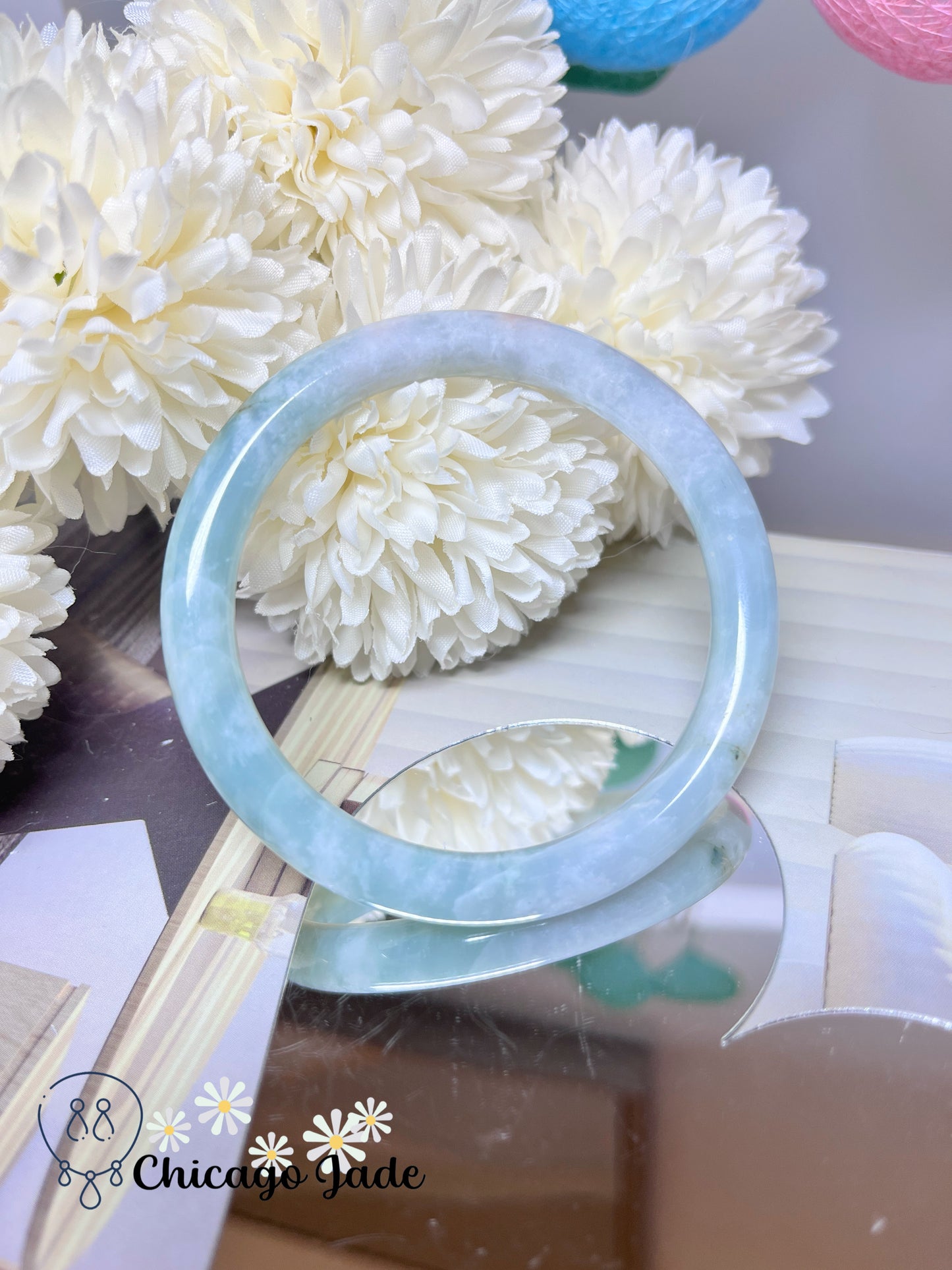 57.3mm Size M Icy Green Base with White Cotton Natural Grade A Jadeite Jade Feicui Bangle