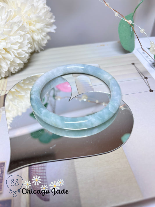 57.3mm Size M Icy Green Base with White Cotton Natural Grade A Jadeite Jade Feicui Bangle