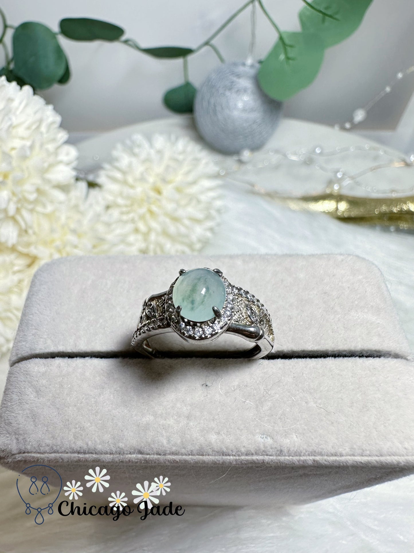 Translucent Oval Jadeite Jade Feicui Stone with Natural Blue Flowers Sterling Silver S925 Ring Adjustable Handmade Authentic Certified