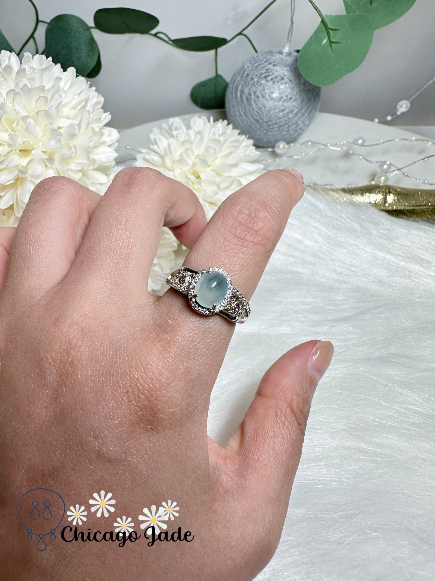 Translucent Oval Jadeite Jade Feicui Stone with Natural Blue Flowers Sterling Silver S925 Ring Adjustable Handmade Authentic Certified