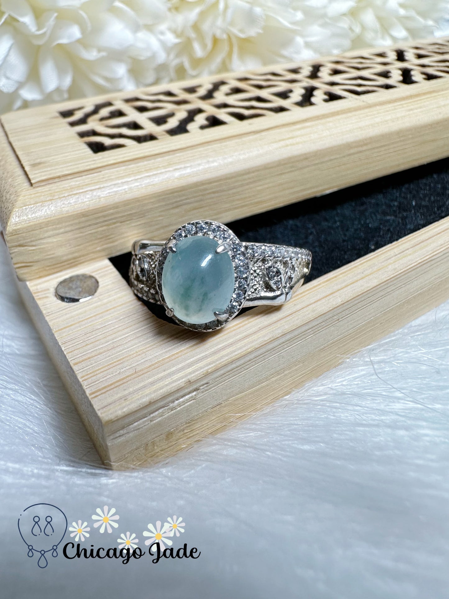 Translucent Oval Jadeite Jade Feicui Stone with Natural Blue Flowers Sterling Silver S925 Ring Adjustable Handmade Authentic Certified